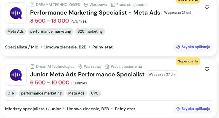 Przykładowe oferty pracy Meta Ads Specialist z widełkami 6500-13000 zł na RocketJobs.pl
